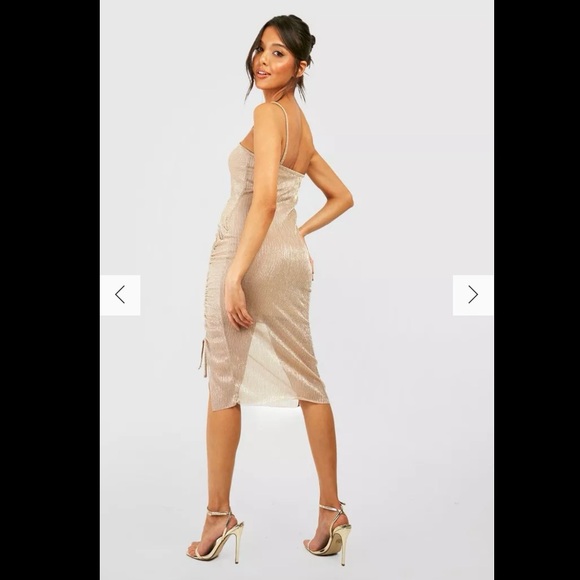 NWT PrettyLittleThing Gold Glitter Metallic Ruched Midi Party Dress Small 4 - Picture 8 of 8